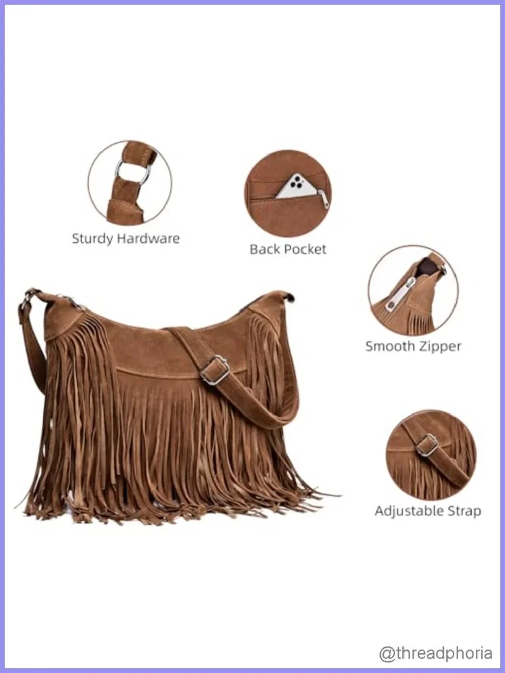Vegan Suede Fringe Hobo Crossbody Bag with Zipper Pockets